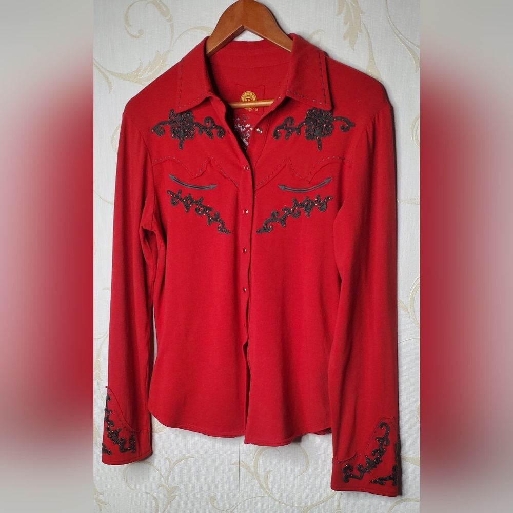 Double D Ranch Red Jewel Rhinestone Detailed longsleeve Button Down Top MEDIUM